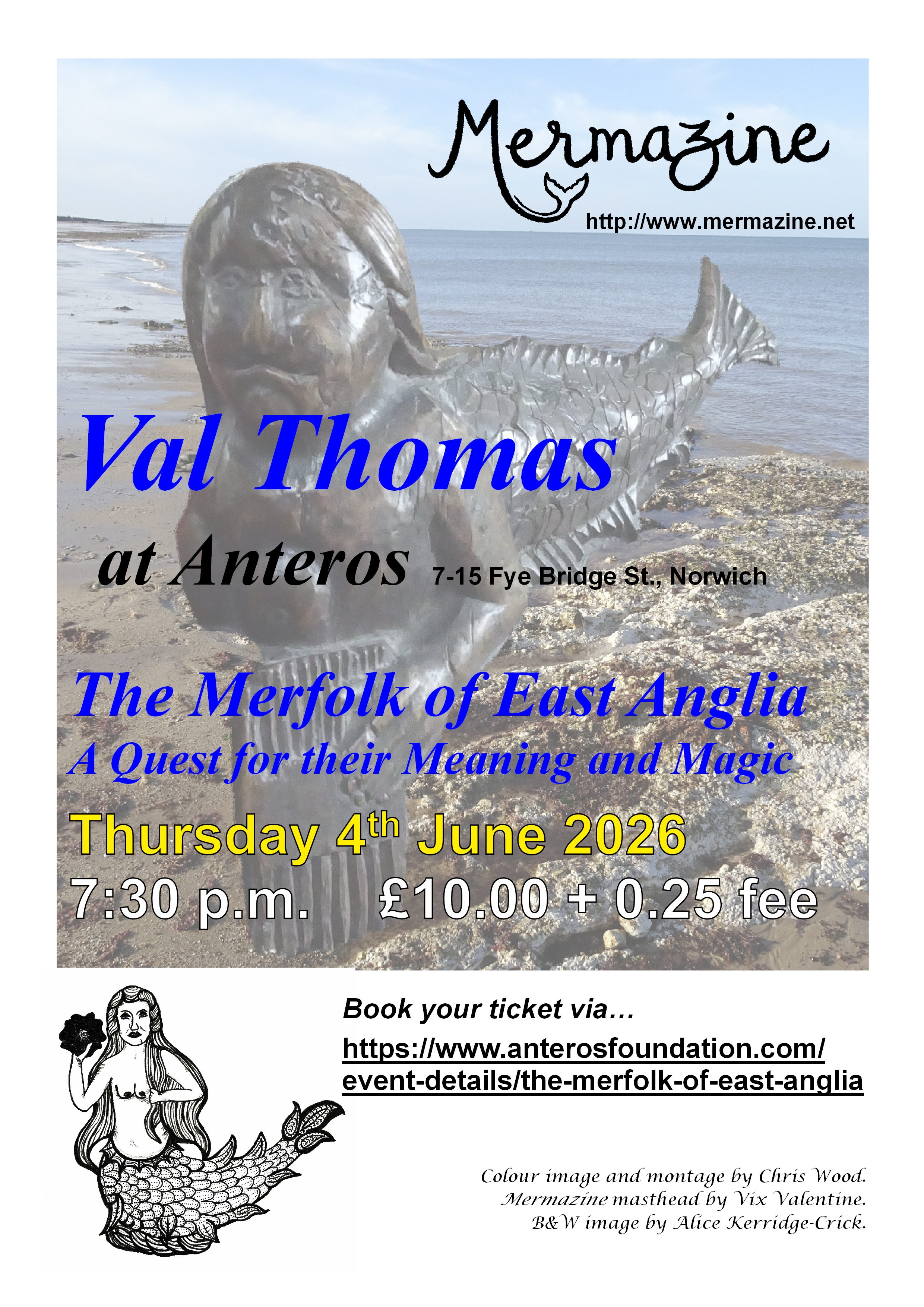Image promoting Val Thomas' talk on mermaids at Anteros Arts Foundation, showing a montage of the Upper Sheringham bench-end mermaid on the chalk on West Runton beach, along with a sketch of the Ringsfield mermaid.